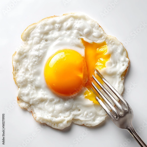 Fototapeta Hyperrealistic fried egg with fork breaking yolk on clean white background, high key lighting showcasing texture and detail of runny yellow yolk.

