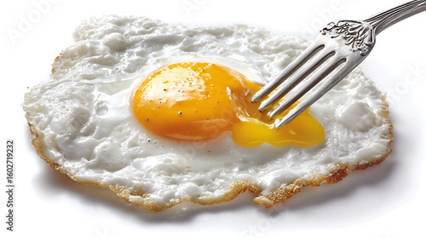 Fototapeta Hyperrealistic fried egg with fork breaking yolk on clean white background, high key lighting showcasing texture and detail of runny yellow yolk.

