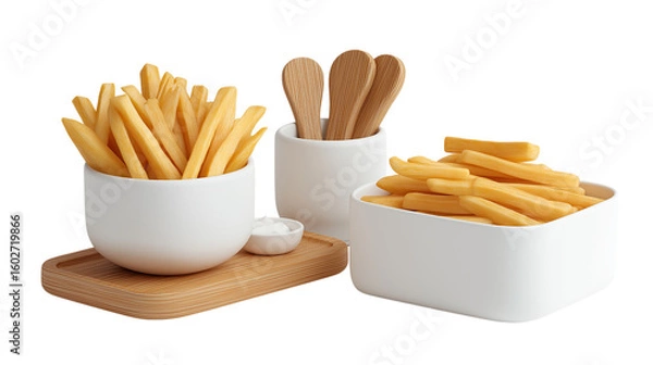 Fototapeta French Fries in Bowls with Wooden Spoons and Dip