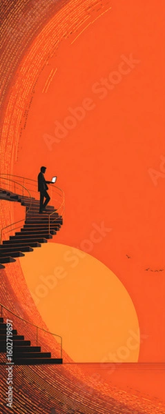 Fototapeta Confident male developer walking up spiral staircase made of JavaScript code lines on bright orange background, modern flat minimalistic concept for programming and web design inspiration.