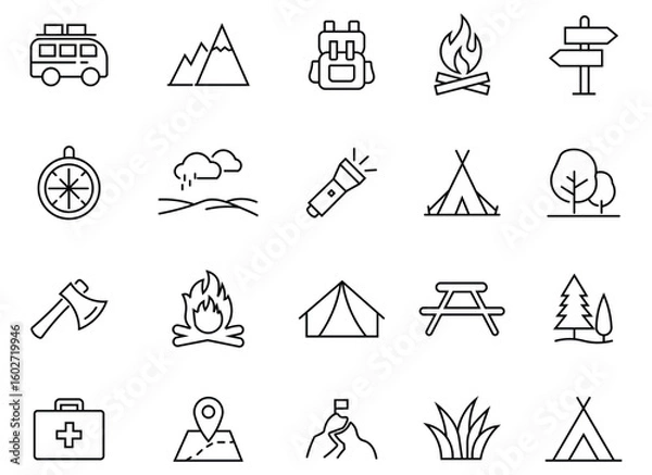 Obraz Tourist camping tent vector icon set. Containing hike, campfire,  climbing, travel, snorkeling and canoeing icons. Outdoor adventure solid icons set. Vector illustration.