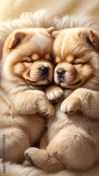 Fototapeta two adorable baby chow chow, cuddle up together sleeping 
