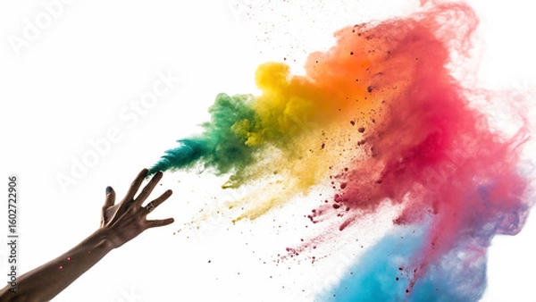 Fototapeta hand releasing vibrant colorful powder cloud explo isolated on white background PNG, AI GENERATED