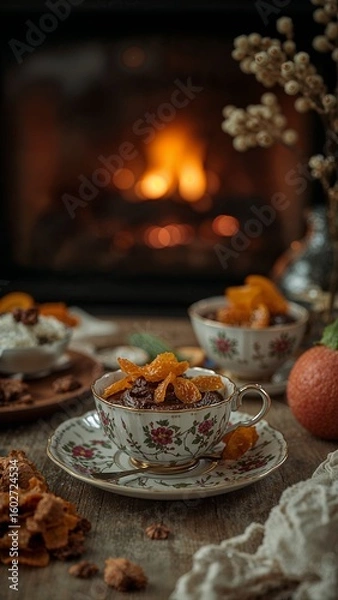 Fototapeta A cup of dessert with dried fruit near a fireplace creating a cozy and warm atmosphere indoors scene