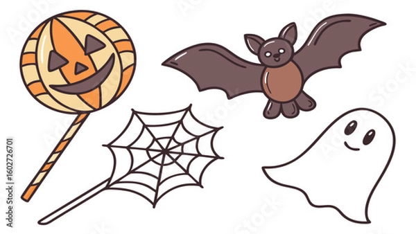 Fototapeta Whimsical halloween illustrations featuring a smiling jack o lantern lollipop a friendly bat a delicate spiderweb and a cheerful ghost on a white background