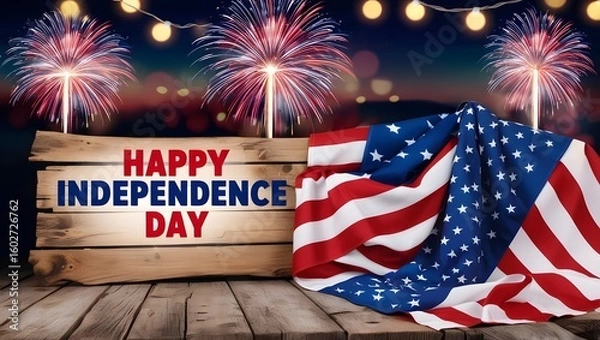 Obraz Happy Independence Day with Fireworks and American Flag on Wooden Background
