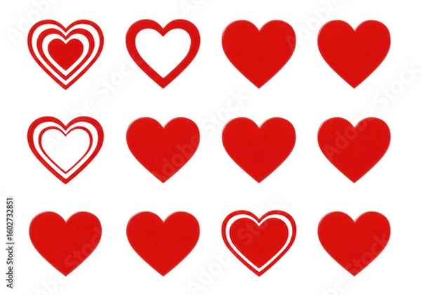 Fototapeta Twelve red heart icons, varied outlined and solid styles, 3x4 grid on clean white, ultra photorealistic studio photo, top-down, no shadows, love and romance concept