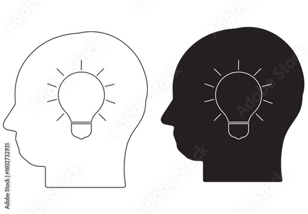 Fototapeta I realistic design of brilliant ideas in a human head, successful human solutions, light bulbs, and eureka in problem solving. Vector illustration concept