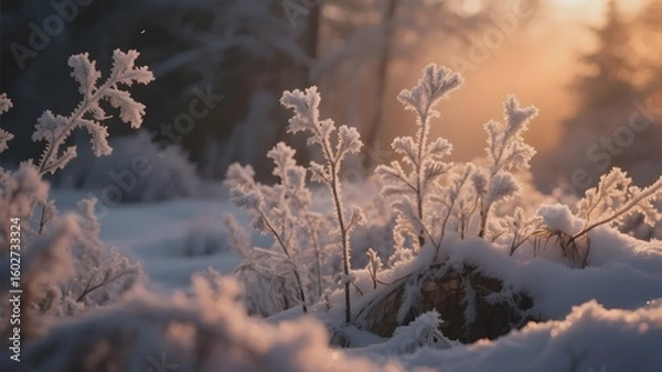 Fototapeta Frost-covered plants glisten in the soft light of a winter sunrise, surrounded by a serene snowy landscape.