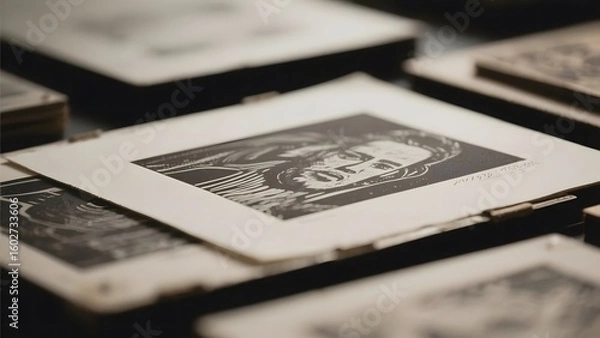 Fototapeta Stacked photographic slides with black and white images in a display setup