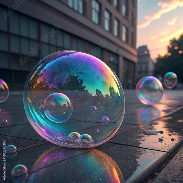 Obraz Title: Colorful Soap Bubbles Reflecting Urban Landscape

