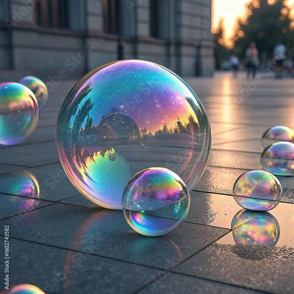 Obraz Title: Colorful Soap Bubbles Reflecting Urban Landscape

