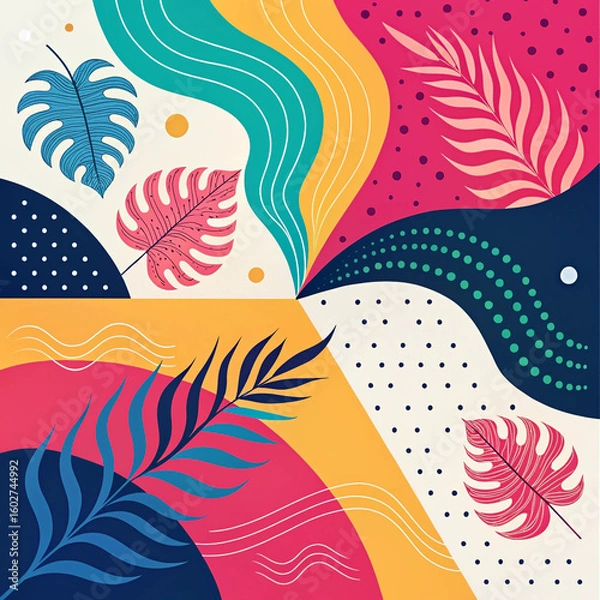 Obraz Title: Abstract Botanical Shapes and Vibrant Patterns

