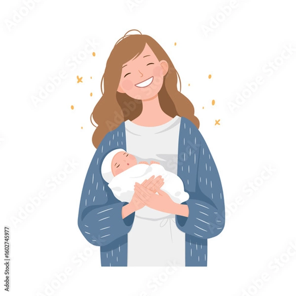 Obraz Happy mother holding her newborn baby in arms. Pregnancy and breastfeeding concept. Mom and child. Mother's day, vector illustration in cartoon style. Perfect for parenting and maternity themes.