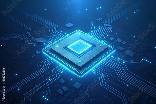 Obraz Glowing blue microchip processor with intricate circuitry and data flow