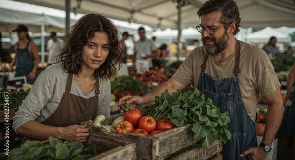 Fototapeta Vendors at a farmers market selling fresh produce like tomatoes and leafy greens from wooden crates