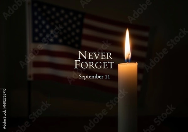 Fototapeta Commemorative candle with American flag background and "never forget September 11" text