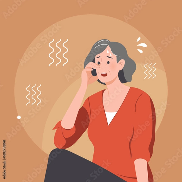 Obraz Adult woman with grey hair suffering from menopause. Old woman is sweating from the heat. Headache, stress and negative emotions. Vector flat illustration in cartoon style.