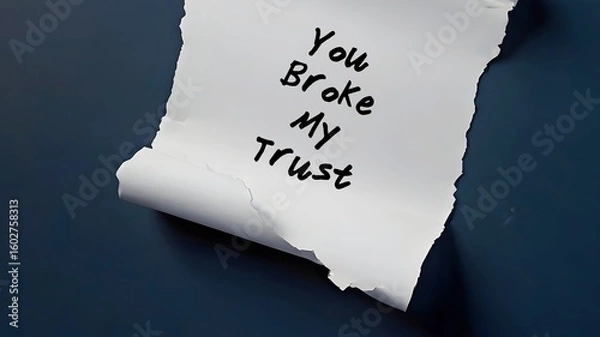 Fototapeta Torn paper on dark blue background written YOU BROKE MY TRUST - means trust is broken when someone break expectations or promises made within relationship - Betrayal leading to emotional pain