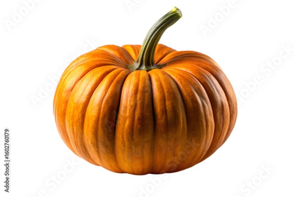 Fototapeta A whole ripe orange pumpkin with a green stem, isolated on a plain transparent background