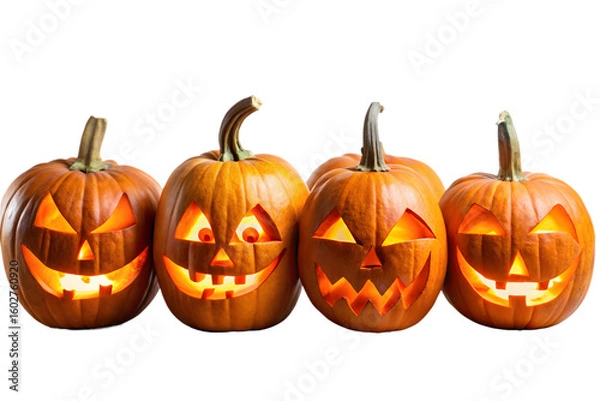 Fototapeta Four carved jackolanterns with glowing faces stand in a row, isolated on a transparent background for halloween
