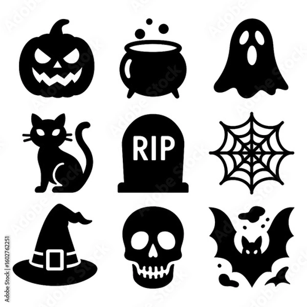 Obraz Spooky Halloween icons with skulls, ghost, and witch elements in bold black style, Transparent Background