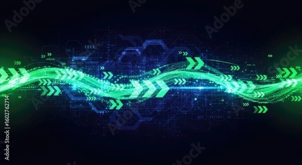 Fototapeta Green arrow pointing upward on conceptual background. Digital transformation and data flow. Business growth and technology advancement visualization for analysis.
