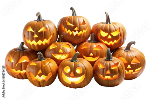 Fototapeta A dense arrangement of ten glowing carved pumpkins, creating a festive halloween display isolated on transparent background