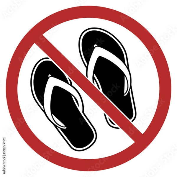 Fototapeta No sandals allowed, illustrated by pair of flip flops inside of red circle with cross. No sandals is an icon indicating prohibition, warning people, and enforcing regulations.