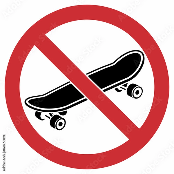 Fototapeta No skateboarding sign displays skateboard symbol in red circle with line. No skateboarding allowed, representing prohibition of skating in specific areas, depicted clearly.