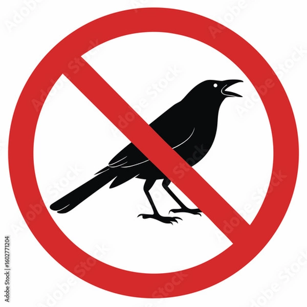 Fototapeta No crows allowed sign displayed with crow silhouette inside red circle. No crows allowed message, prohibiting loud, disruptive avian presence.