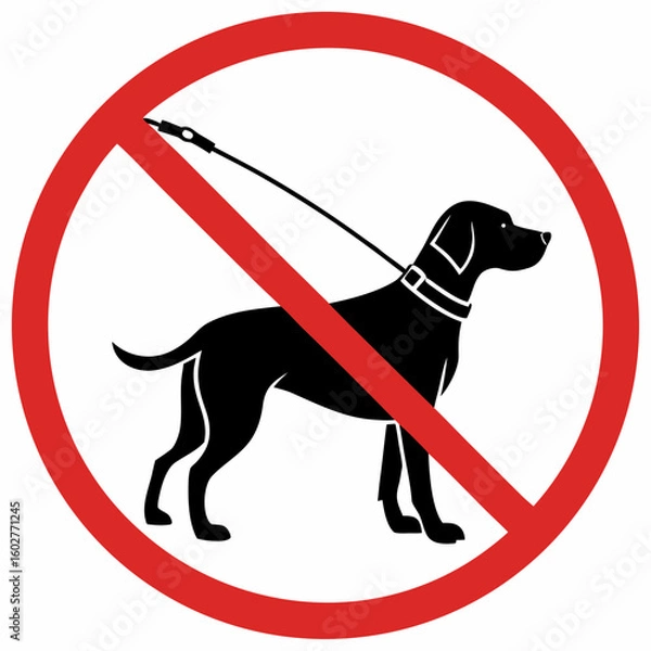 Fototapeta Prohibition sign, no dogs allowed shows dog symbol in red circle with a line. Prohibition sign about restricted entry to public space featuring animal with leash and collar.