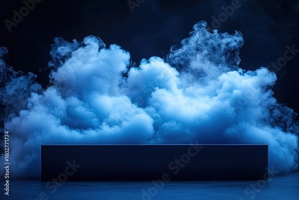 Fototapeta Dark, moody scene with a dark rectangular platform and swirling blue smoke