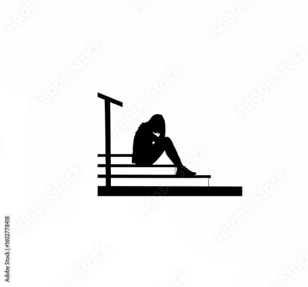 Fototapeta Silhouette of person sitting on steps with a slouched posture on white background