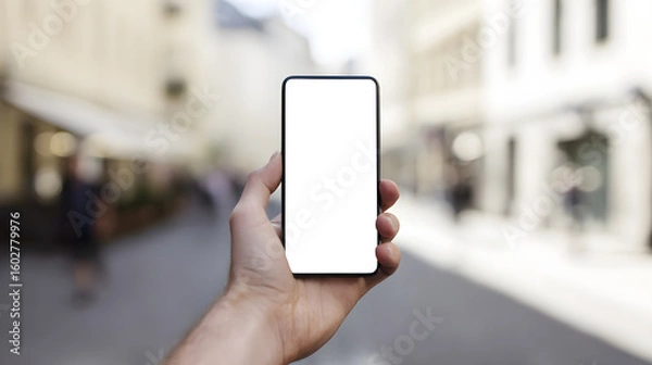 Fototapeta Hand holding mobile phone: A person holds a smartphone, engaging with its features in a modern setting, a symbol of digital connectivity and ease of use.