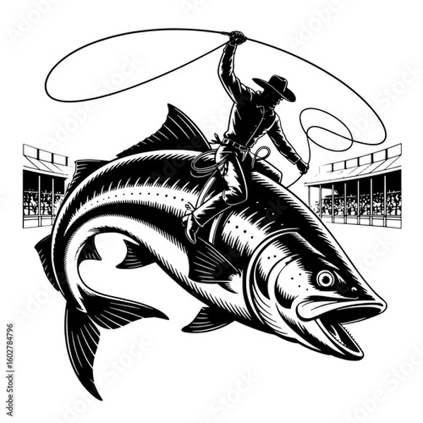 Fototapeta Vector Silhouette of a Cowboy Riding a Giant Fish with Lasso isolated on white