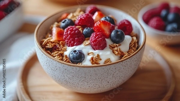 Obraz Healthy breakfast dish featuring yogurt, granola, mixed berries and whole grains in a ceramic bowl.