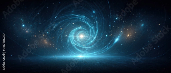 Obraz Neon‑Blue Digital Data Tunnel: Swirling Lines & Glowing Particles in Vortex