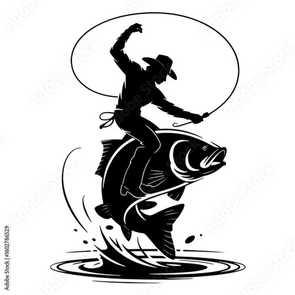 Fototapeta Vector Silhouette of a Cowboy Riding a Giant Fish with Lasso isolated on white