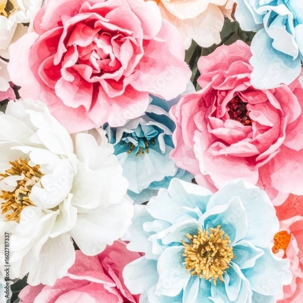 Fototapeta Floral Pattern with Pink White and Blue Roses in Detailed Close up View