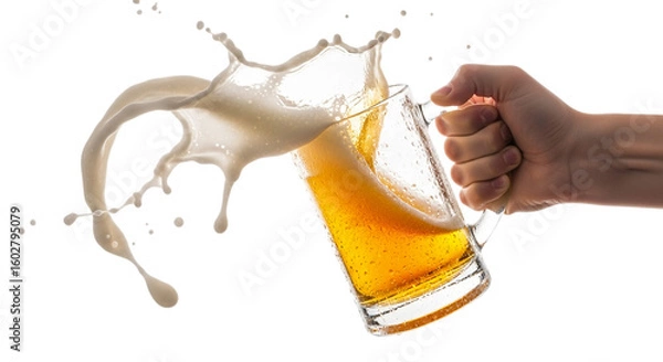Fototapeta Photo of a hand holding a mug of beer with a splash isolated on transparent background