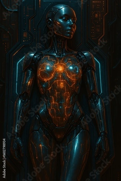 Obraz Sleek Biomechanical Robot Under Activation Lights