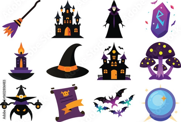 Fototapeta Vector art of a variety of halloween themed icons featuring an axe dragon ghost