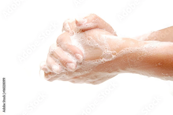 Fototapeta Kobiece ręce w mydliny na białym tle