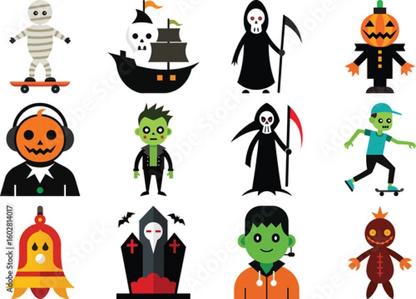 Fototapeta Vector art of a collection of halloween icons including a skeleton syringe