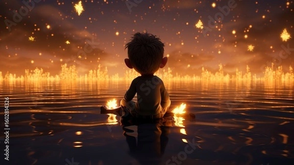 Fototapeta Animated child sitting by a lake at night, gazing at stars, with a magical glowing light in hands