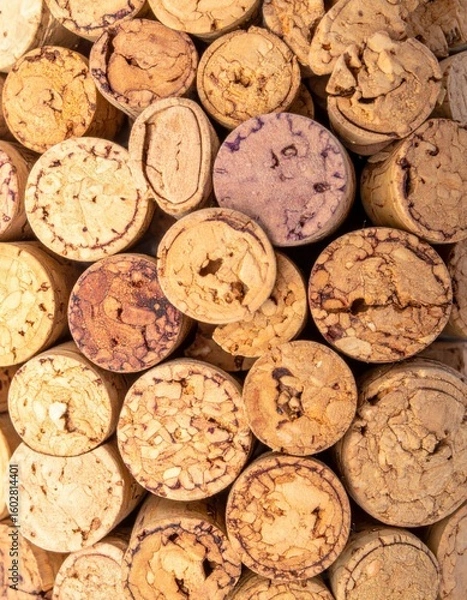 Fototapeta Full Frame Close-Up of Stacked Used Wine Corks in a Variety of Textures