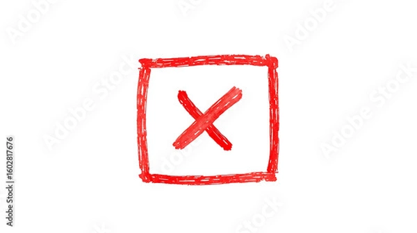 Fototapeta The illustration features a red marker pen drawing of an X inside a square box, with uneven lines and visible strokes, resembling a hand-marked checkbox.