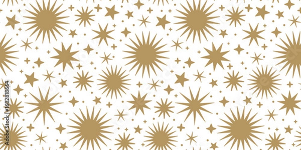 Fototapeta Holiday background with golden stars and snowflakes. Decoration for gift wrapping paper, fabric, clothes, textile, surface textures, scrapbook.
