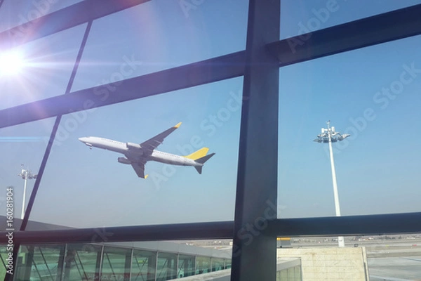 Fototapeta Travelers in airports. businessman in airport and airplane in sky 
